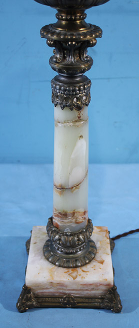 007c - Alabaster and brass banquet lamp with white and green hand painted floral shade, has old repair, 38 in. T, 6.5 in. Sq. base